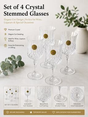Vintage Crystal Stemmed Glasses set of 4 "Cristal d'Arques" Made in France
